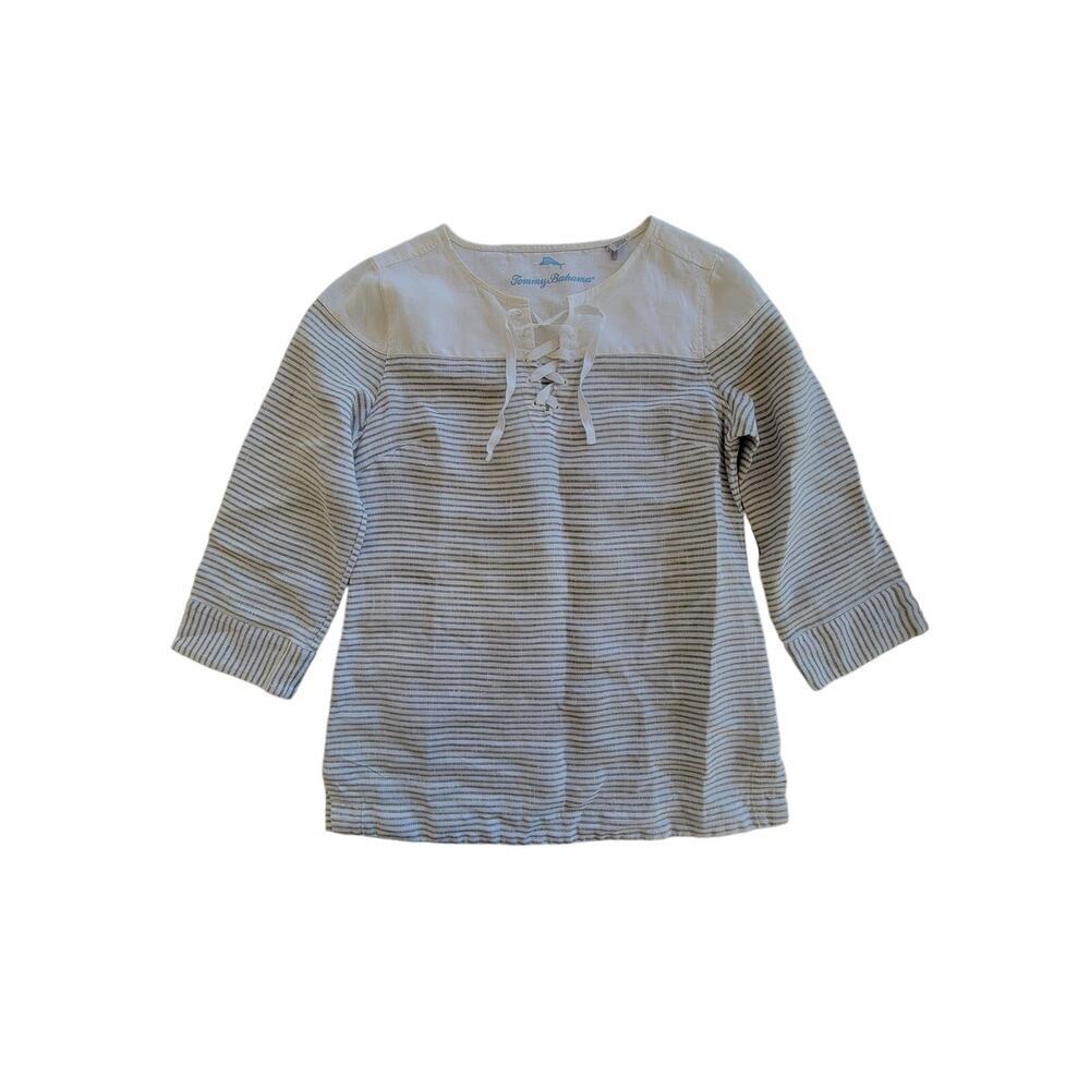 Tommy Bahama Crystalline Waters Lace-Up Linen Coastal Striped Top XXS Gray White